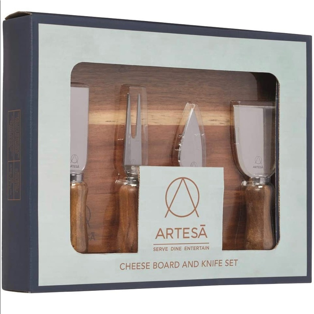 NEW IN BOX Artesà Wooden Cheese Board and Knife Set in Gift Box, Acacia, 5 Piece